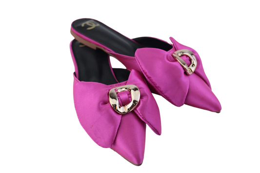 The Elegance of Chanel Pink Flat Mules with Gold Buckle and Bow