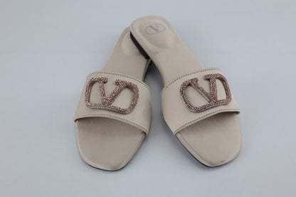 Valentino's Logo Rhinestone Buckle Satin Flat Slide Sandals in Pakistan