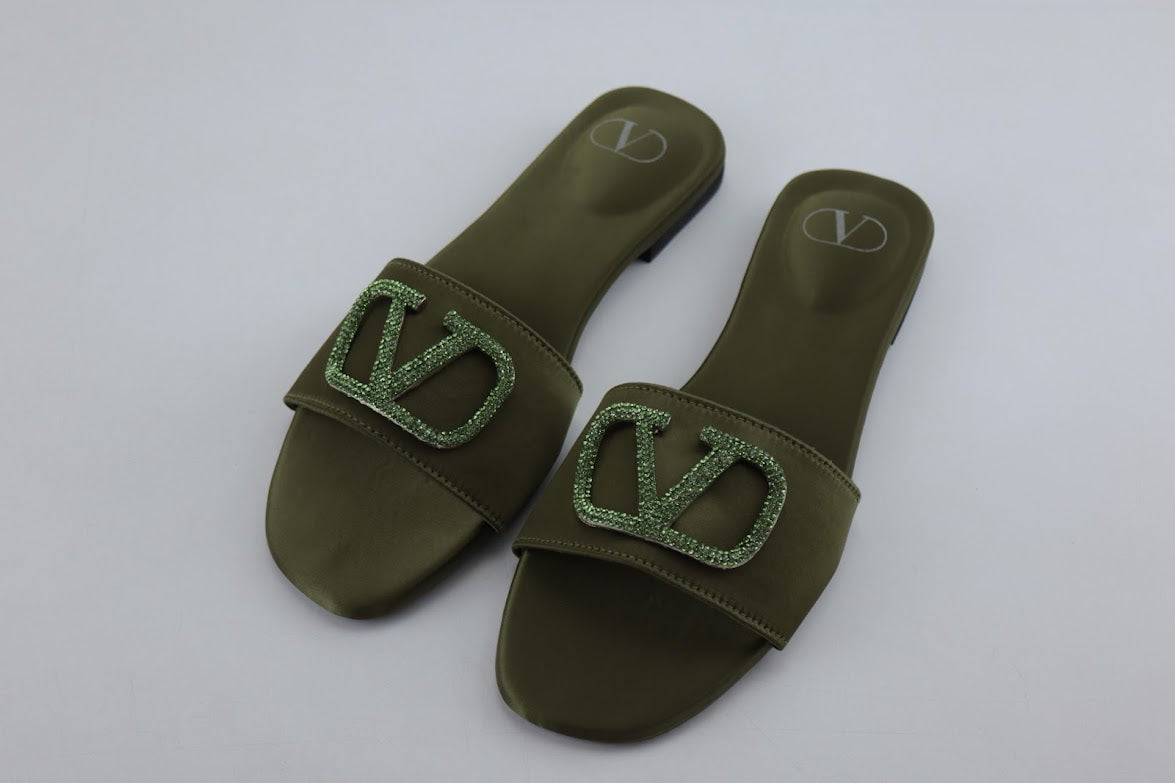 Valentino's Logo Rhinestone Buckle Satin Flat Slide Sandals in Pakistan