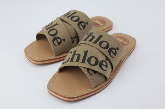 Chic Comfort: Step Into Style with Chloe's Canvas Logo Ribbon Woody Flat Slide Sandals Price Check in Pakistan