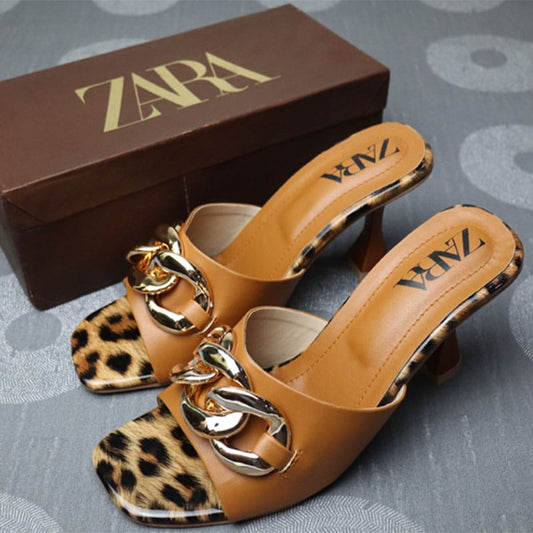 ZARA Heels Square Toe Pointed Head Leopard Print Chain Decor Sandals: Unleash Your Wild Side