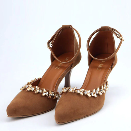 Snowdrop Elegance: Leather Heels with Studded Floral Accents